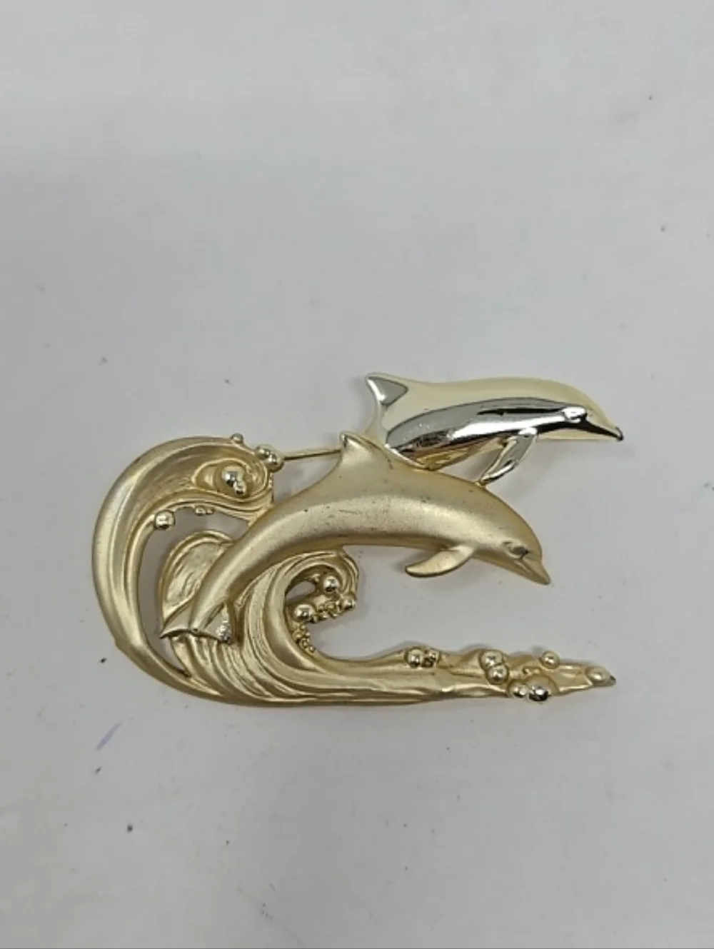 Vtg AJC dolphin brooch gold‎ tone matte shiny ocean waves summer costal animal